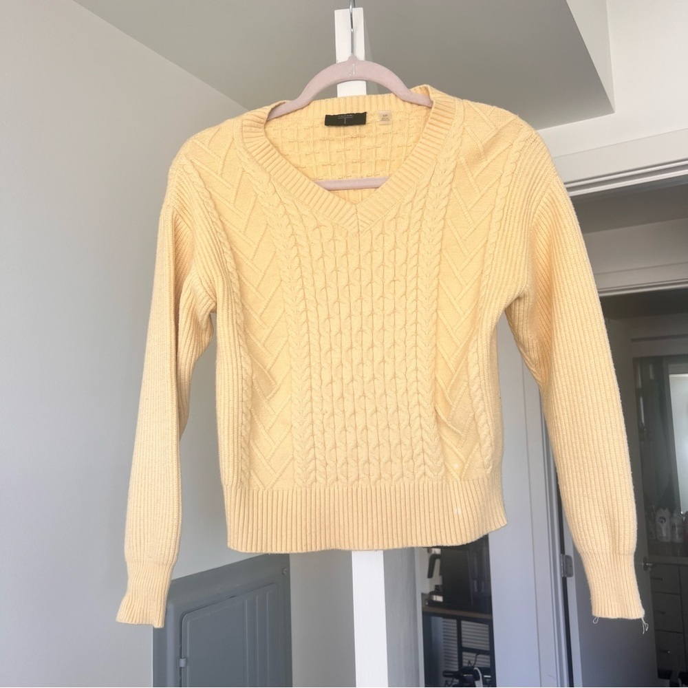 V-Neck Cable Knit Sweater - Butter Yellow